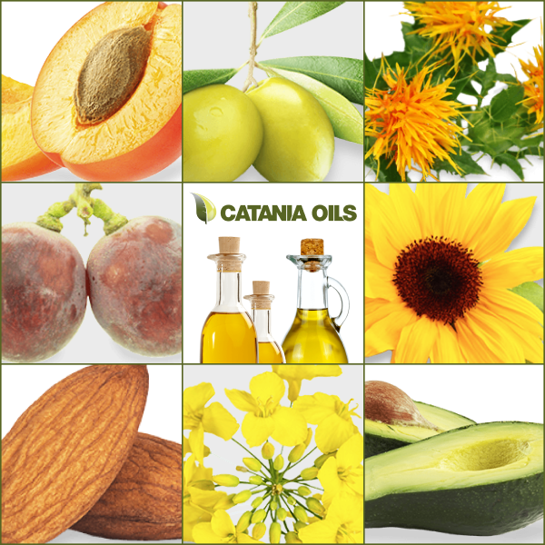 Grid of fruits and flowers with Catania Oils logo and oil bottles in the center box