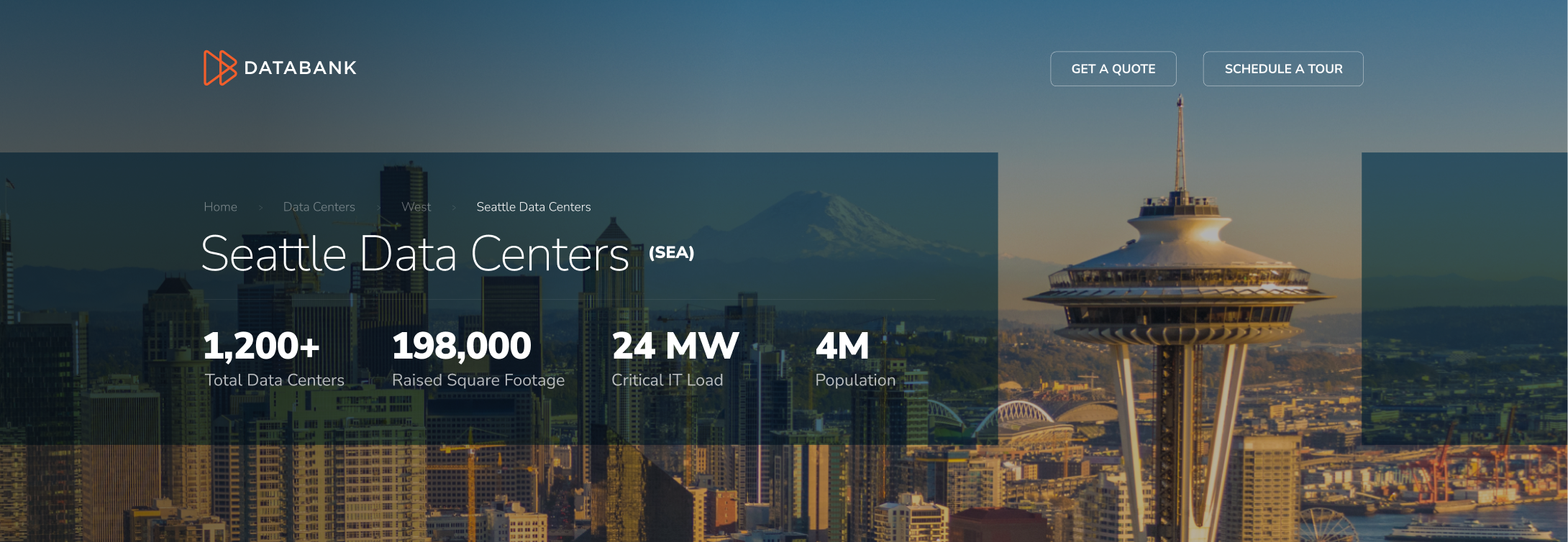 Hero image of Seattle with transparent navigation bar and stants columns.