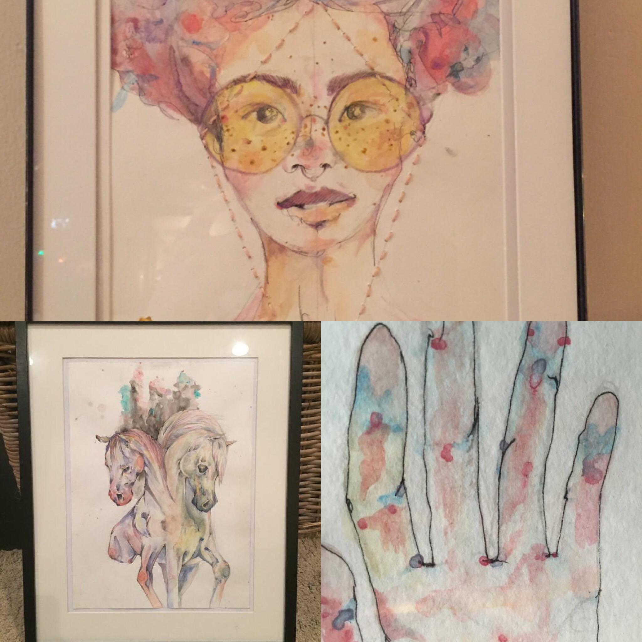 A collage of work by me, all watercolors, one featuring a woman in glasses, one a two-headed horse, and one a hand.