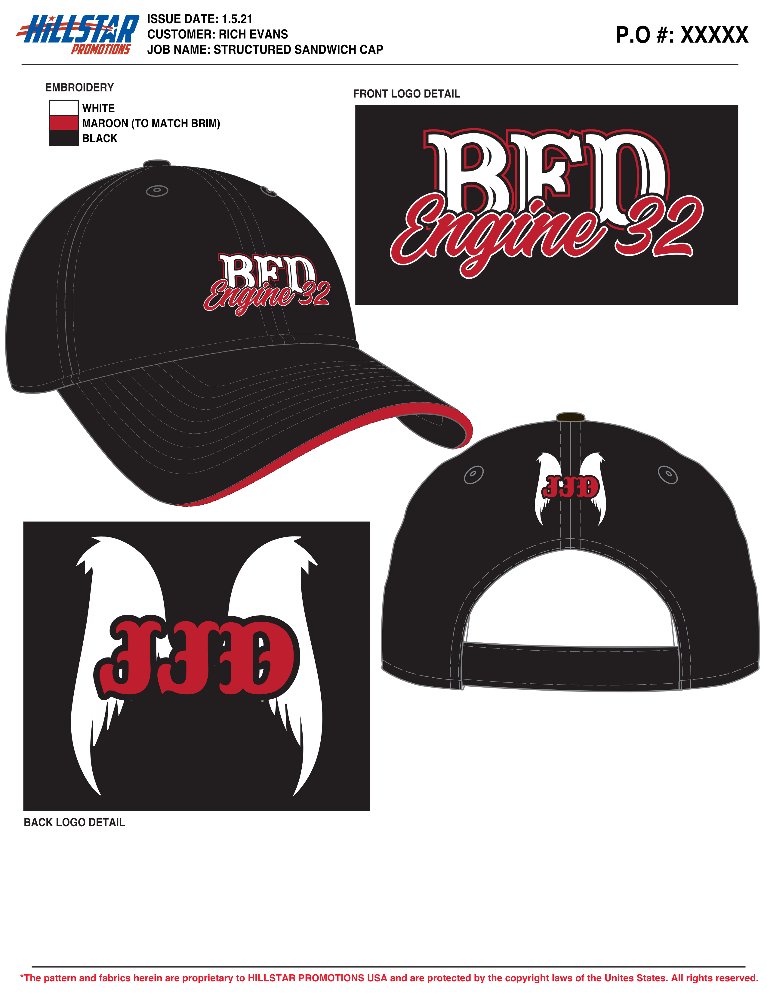 A design proof for a black ball cap with the front reading "BFD Engine 32" and "JJD" with angel wings behind the letters