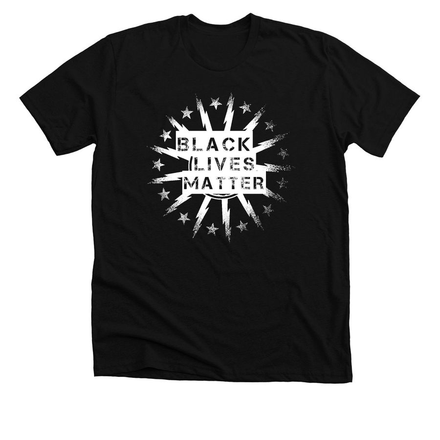 a Black shirt on a white background. The design is mimicking a spray painted logo with the lightnight bolt design of the Buffalo City flag and "Black Lives Matter" painted over top.