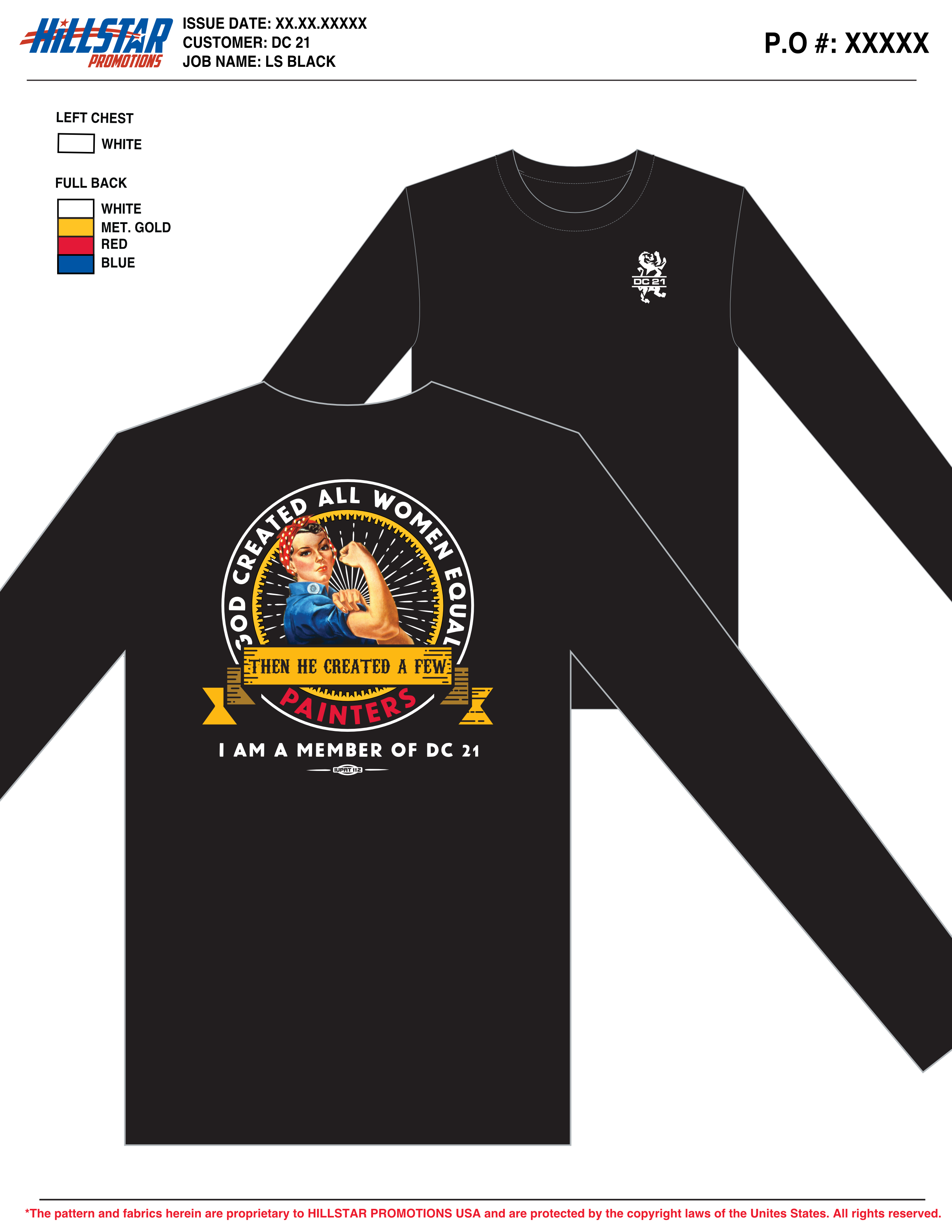A design proof for a black long sleeve shirt with District Council 21 logo on the left chest and a Rosie the Riveter inspired design on the back.