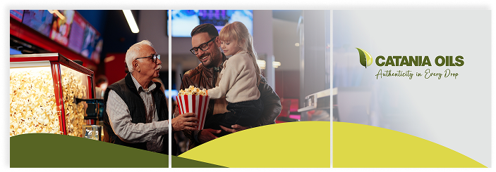 Carousel triptych for Catania Oils featuring a family getting popcorn at the movie theatre.